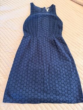 Classic Navy Blue Sheath Eyelet Sleeveless Dress
